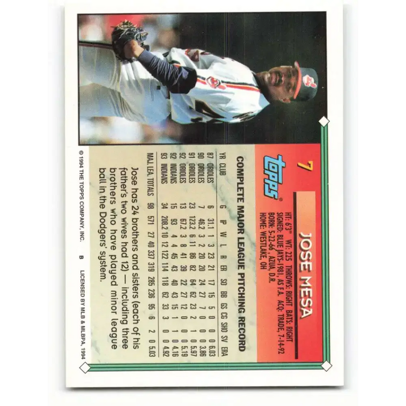 1994 Topps #7 Jose Mesa EX Excellent Cleveland Indians Baseball Card - Baseball Card Single
