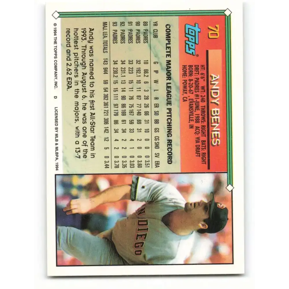 1994 Topps #70 Andy Benes EX Excellent San Diego Padres Baseball Card - Baseball Card Single