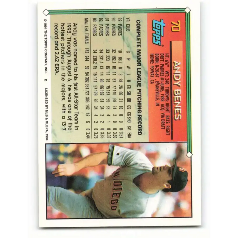 1994 Topps #70 Andy Benes EX Excellent San Diego Padres Baseball Card - Baseball Card Single