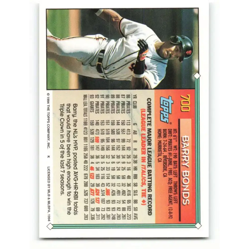 1994 Topps #700 Barry Bonds EX Excellent San Francisco Giants Baseball Card - Baseball Card Single
