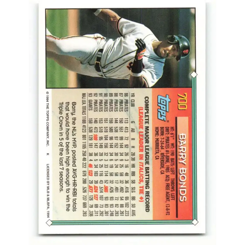 1994 Topps #700 Barry Bonds EX Excellent San Francisco Giants Baseball Card - Baseball Card Single