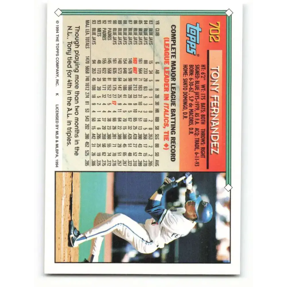 1994 Topps #702 Tony Fernandez EX Excellent Toronto Blue Jays Baseball Card - Baseball Card Single