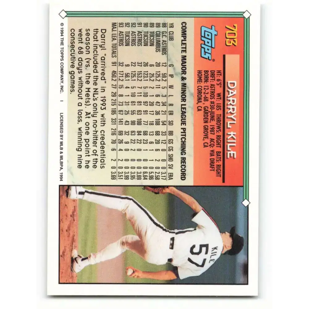 1994 Topps #703 Darryl Kile EX Excellent Houston Astros Baseball Card - Baseball Card Single
