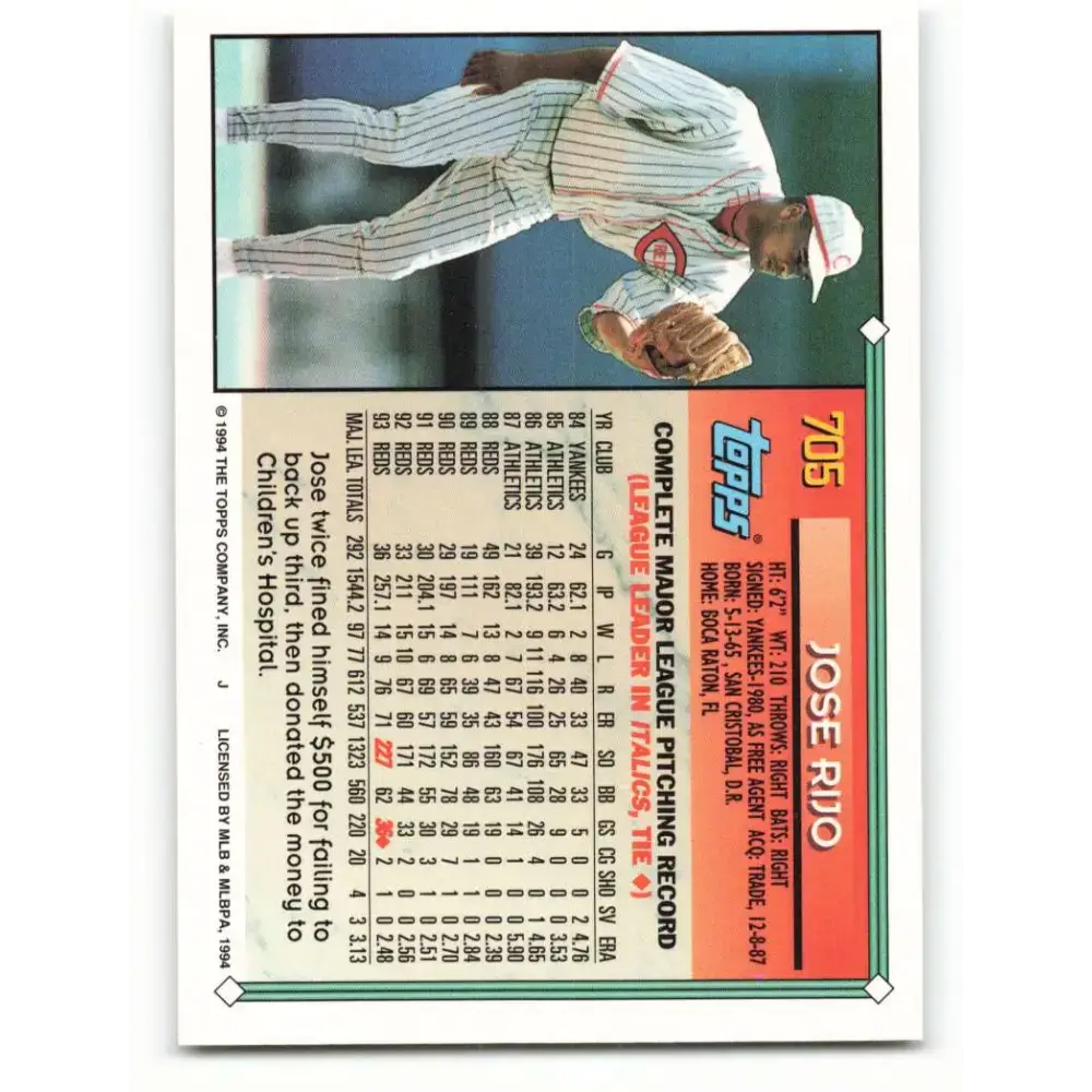 1994 Topps #705 Jose Rijo EX Excellent Cincinnati Reds Baseball Card - Baseball Card Single