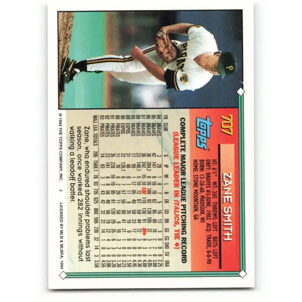1994 Topps #707 Zane Smith EX Excellent Pittsburgh Pirates Baseball Card - Baseball Card Single