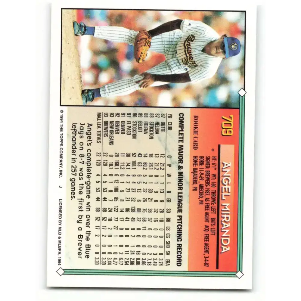 1994 Topps #709 Angel Miranda EX Excellent Milwaukee Brewers Baseball Card - Baseball Card Single