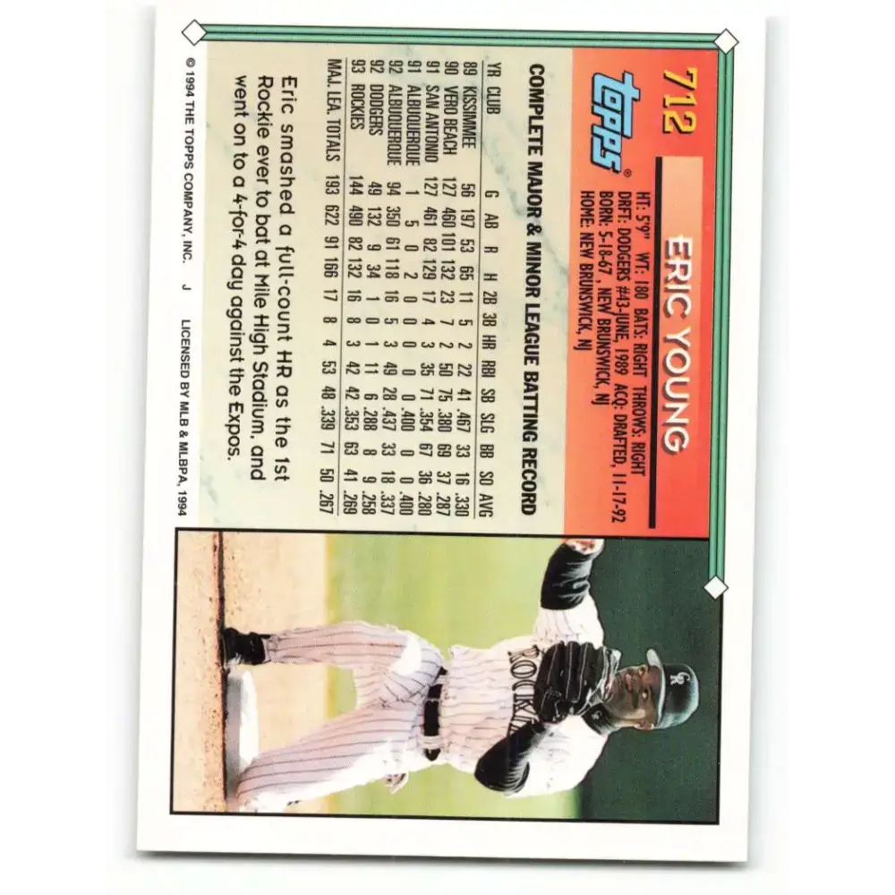 1994 Topps #712 Eric Young EX Excellent Colorado Rockies Baseball Card - Baseball Card Single