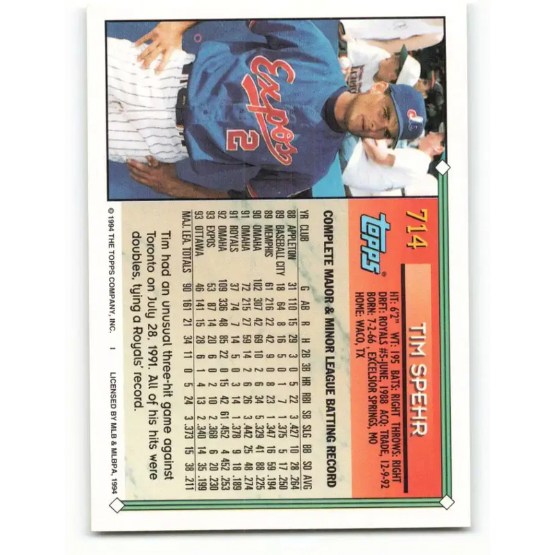 1994 Topps #714 Tim Spehr EX Excellent Montreal Expos Baseball Card - Baseball Card Single