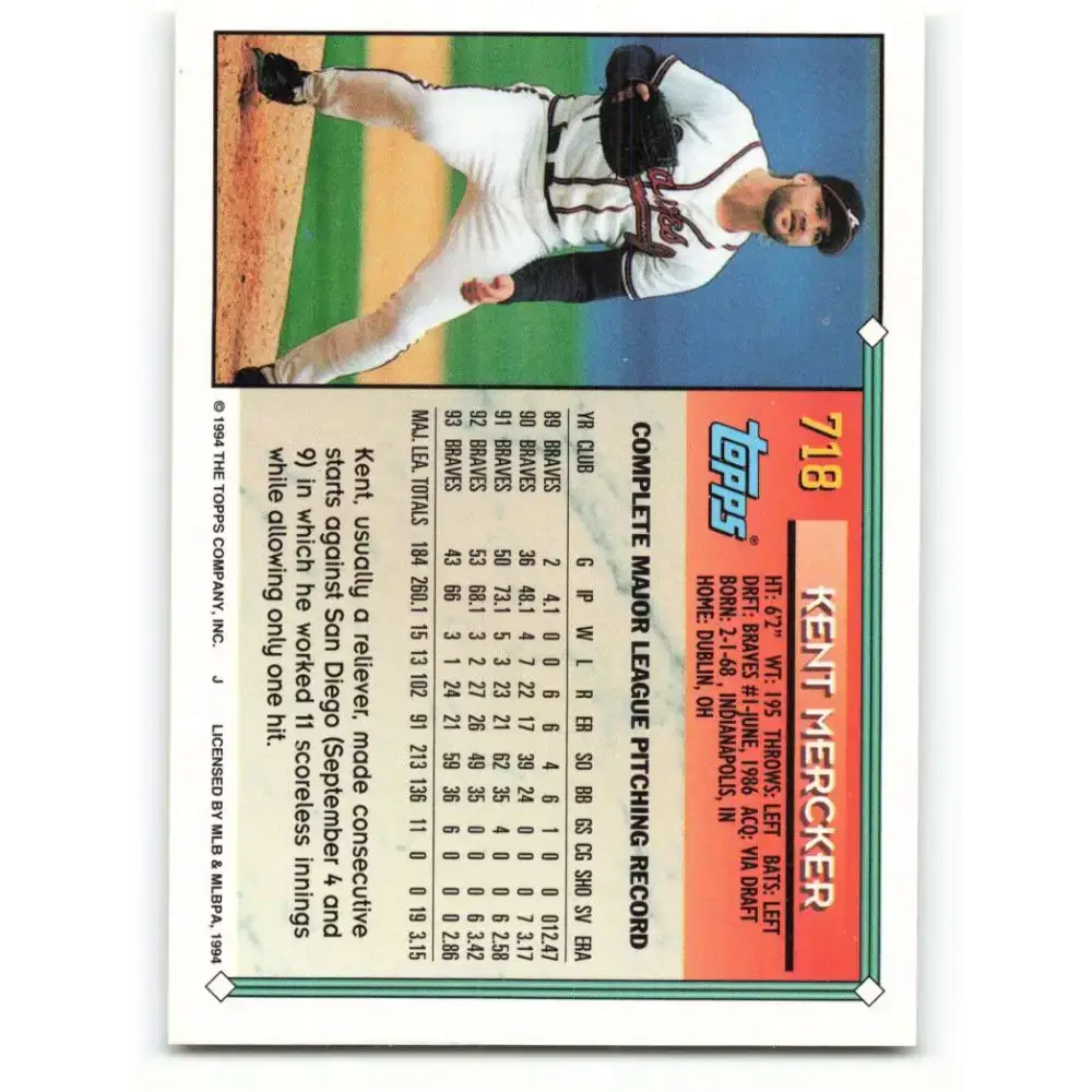 1994 Topps #718 Kent Mercker EX Excellent Atlanta Braves Baseball Card - Baseball Card Single