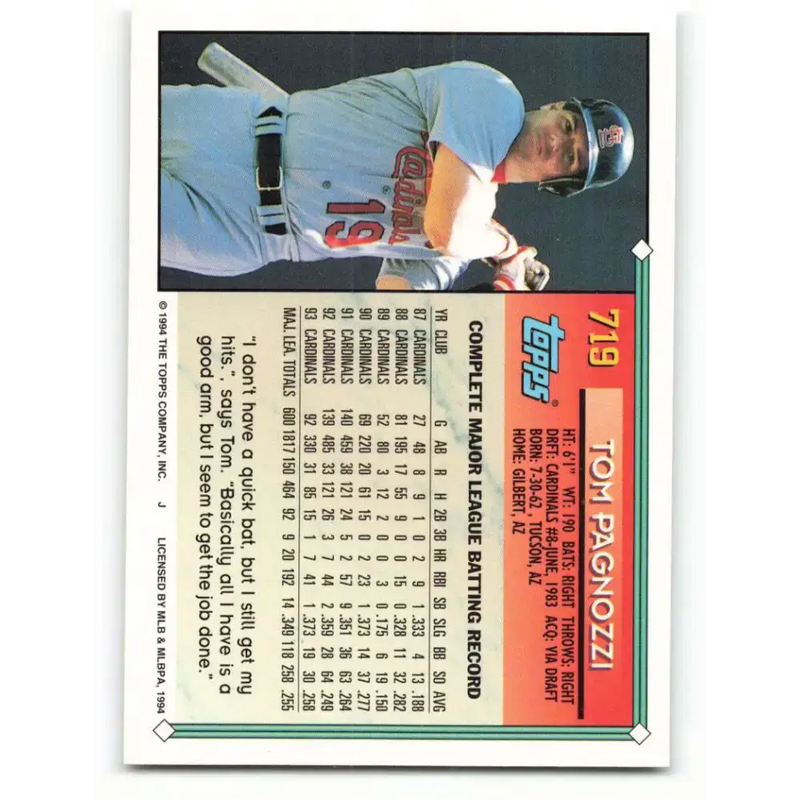1994 Topps #719 Tom Pagnozzi EX Excellent St. Louis Cardinals Baseball Card - Baseball Card Single