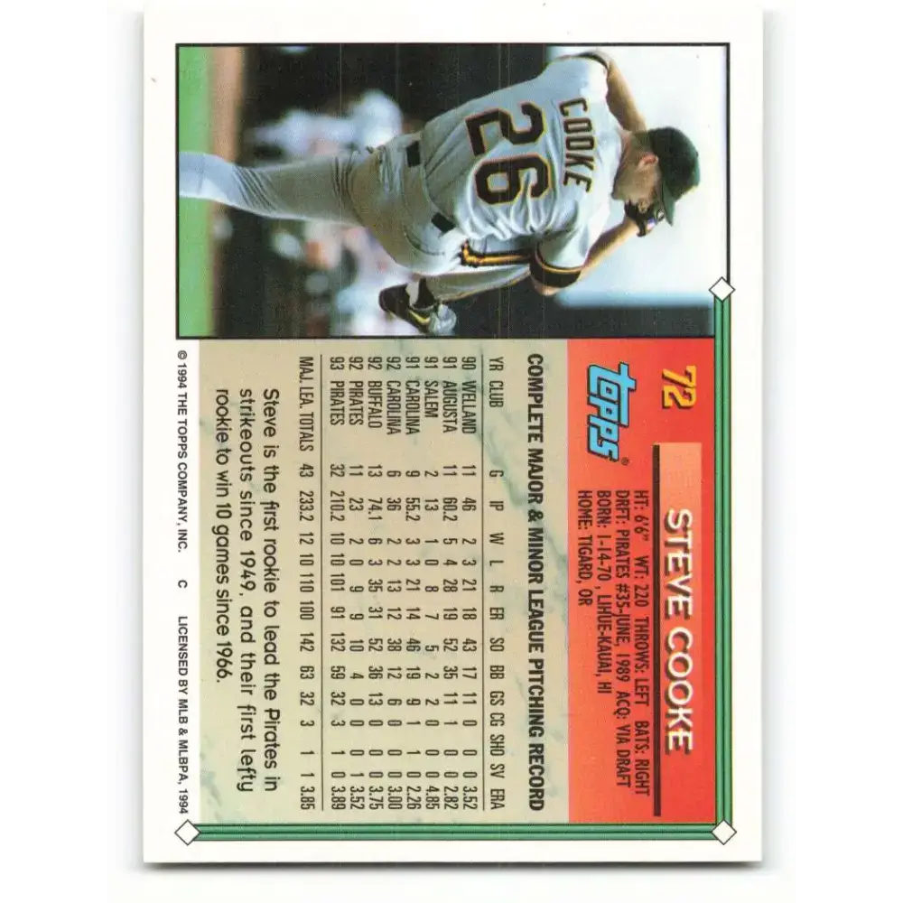 1994 Topps #72 Steve Cooke EX Excellent Pittsburgh Pirates Baseball Card - Baseball Card Single
