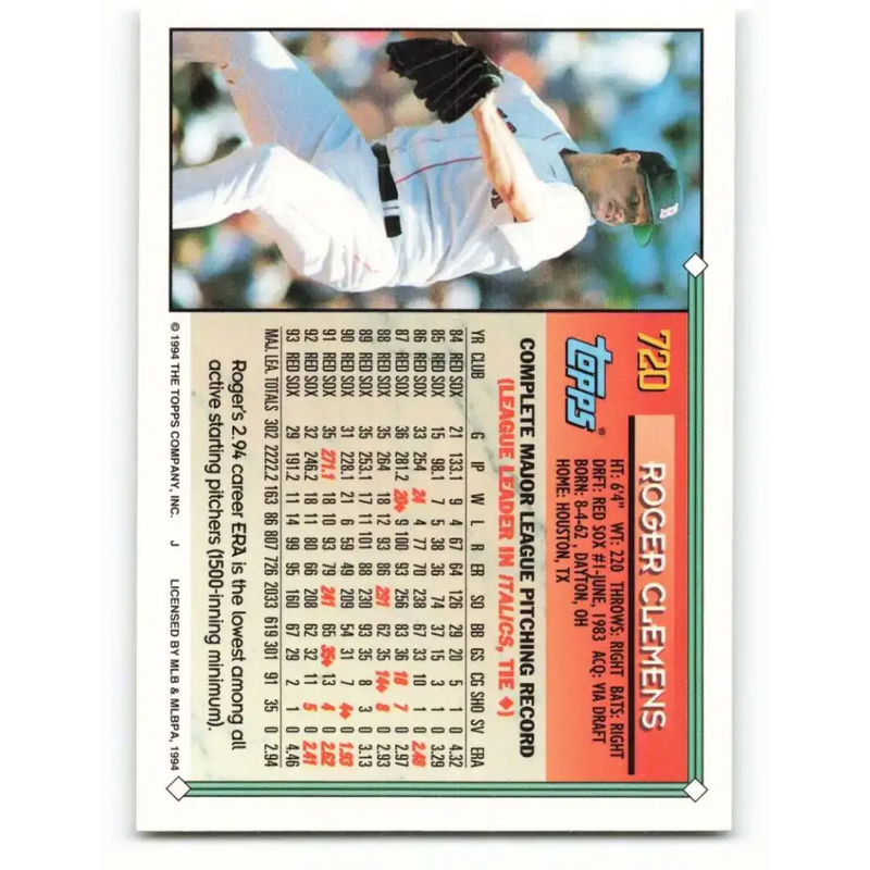 1994 Topps #720 Roger Clemens EX Excellent Boston Red Sox Baseball Card - Baseball Card Single