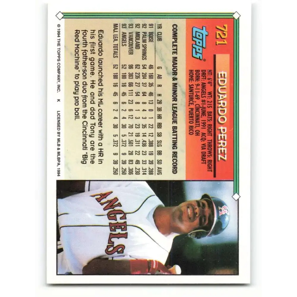 1994 Topps #721 Eduardo Perez EX Excellent California Angels Baseball Card - Baseball Card Single