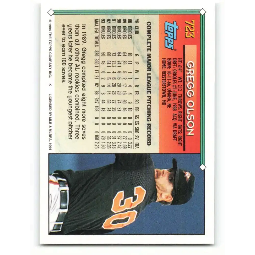 1994 Topps #723 Gregg Olson EX Excellent Baltimore Orioles Baseball Card - Baseball Card Single