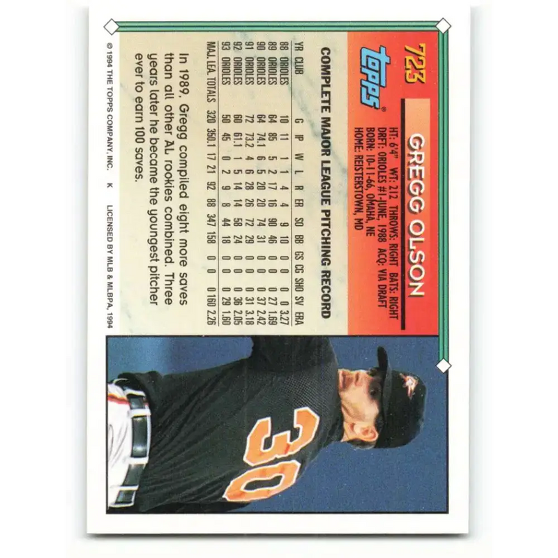 1994 Topps #723 Gregg Olson EX Excellent Baltimore Orioles Baseball Card - Baseball Card Single