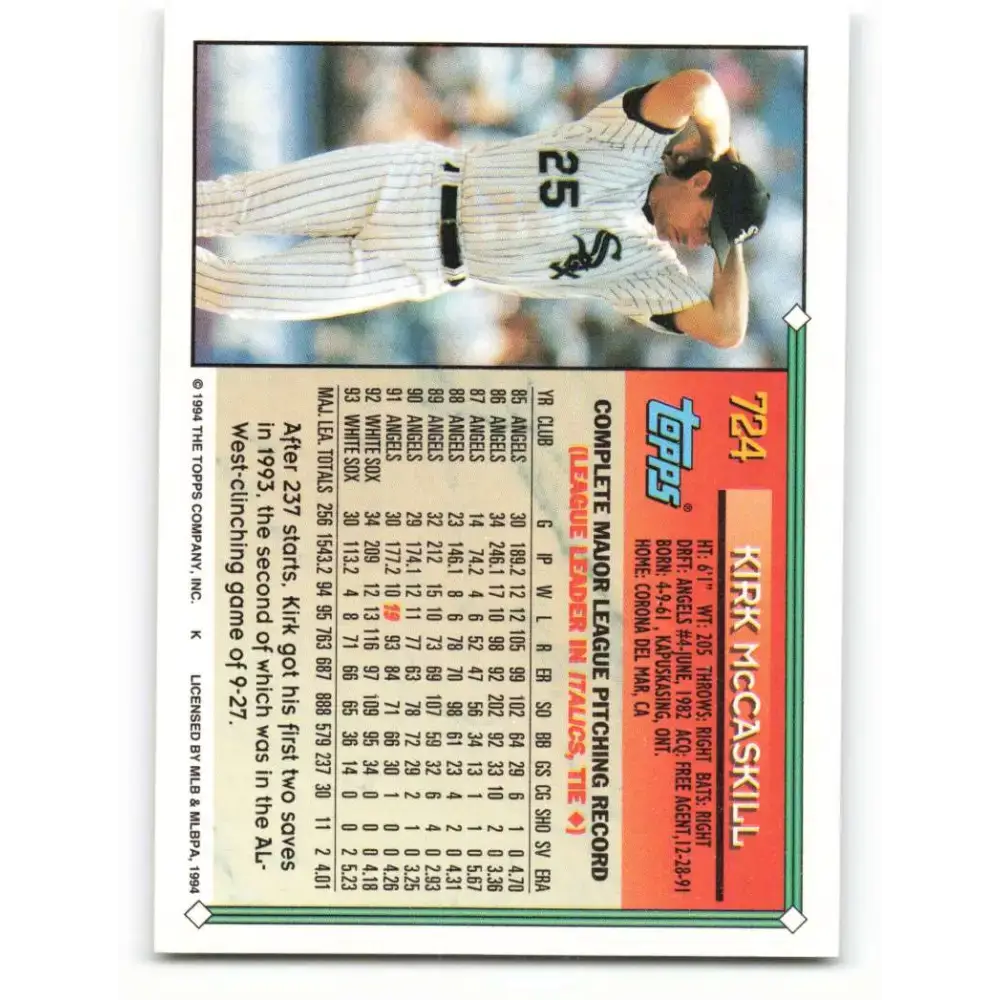 1994 Topps #724 Kirk McCaskill EX Excellent Chicago White Sox Baseball Card - Baseball Card Single