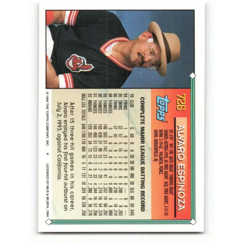 1994 Topps #726 Alvaro Espinoza EX Excellent Cleveland Indians Baseball Card - Baseball Card Single