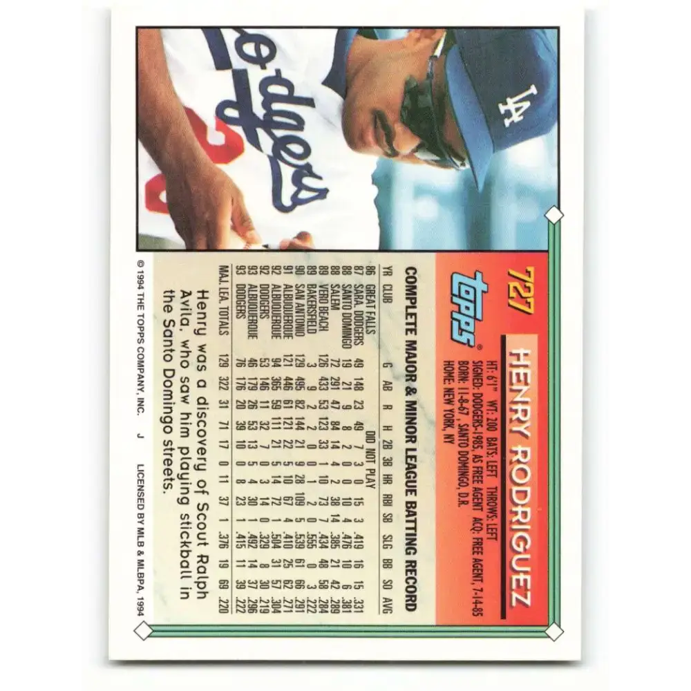 1994 Topps #727 Henry Rodriguez EX Excellent Los Angeles Dodgers Baseball Card - Baseball Card Single