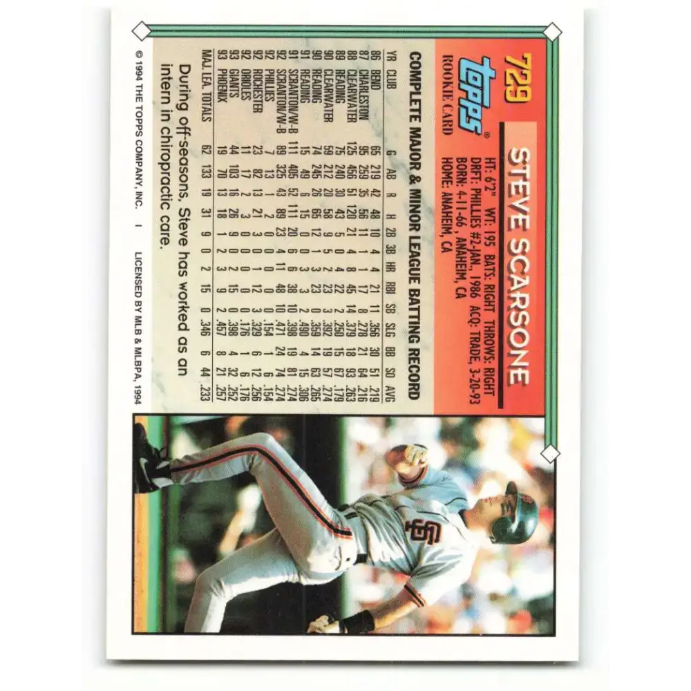1994 Topps #729 Steve Scarsone EX Excellent San Francisco Giants Baseball Card - Baseball Card Single