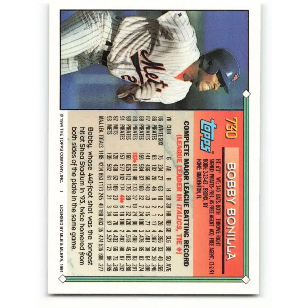 1994 Topps #730 Bobby Bonilla EX Excellent New York Mets Baseball Card - Baseball Card Single