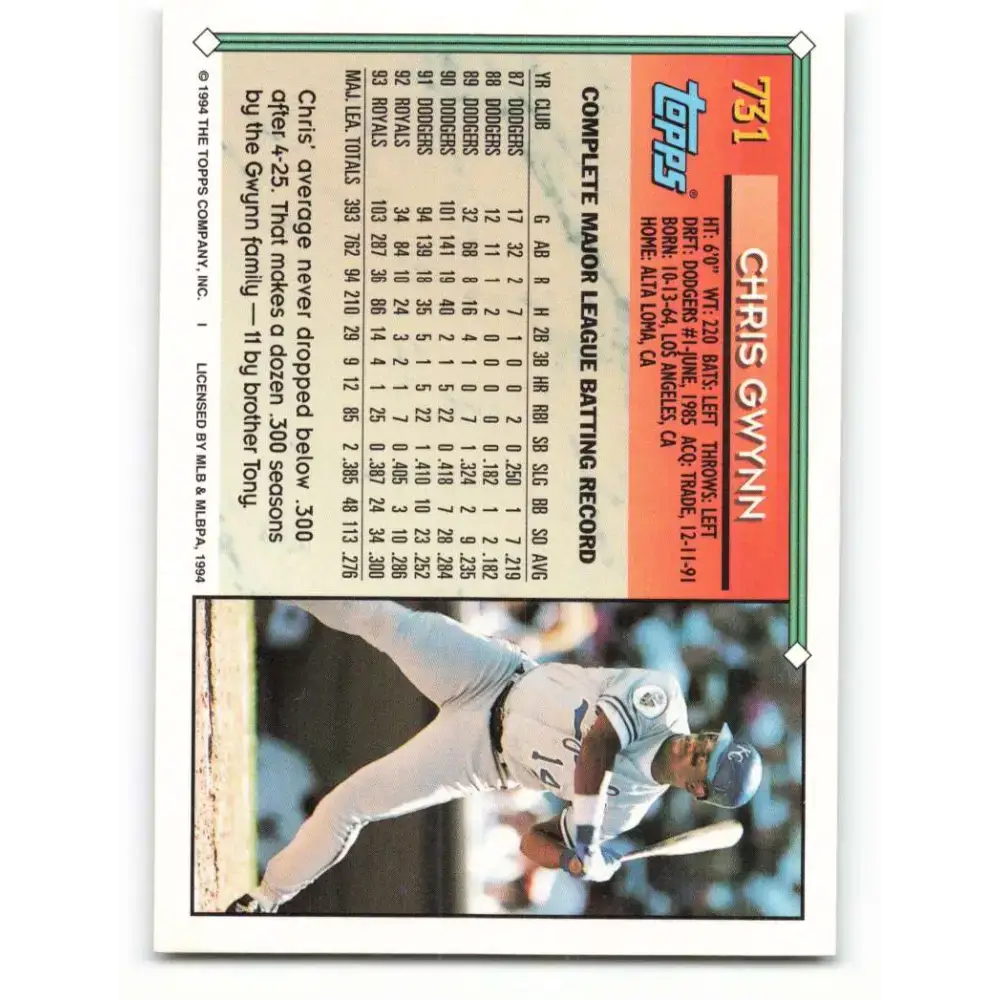 1994 Topps #731 Chris Gwynn EX Excellent Kansas City Royals Baseball Card - Baseball Card Single