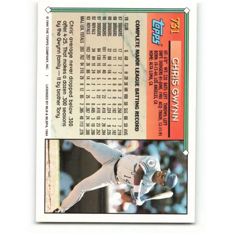 1994 Topps #731 Chris Gwynn EX Excellent Kansas City Royals Baseball Card - Baseball Card Single