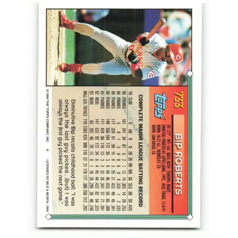 1994 Topps #733 Bip Roberts EX Excellent Cincinnati Reds Baseball Card - Baseball Card Single