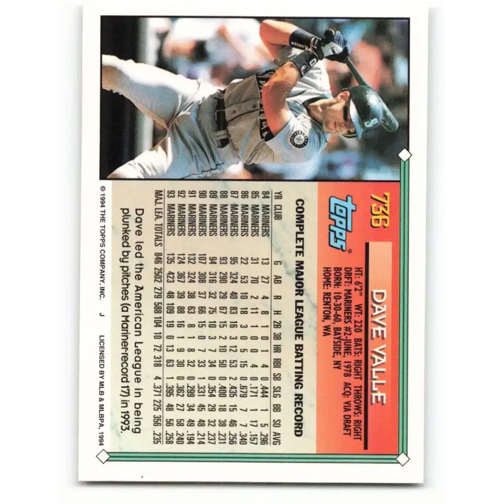 1994 Topps #736 Dave Valle EX Excellent Seattle Mariners Baseball Card - Baseball Card Single