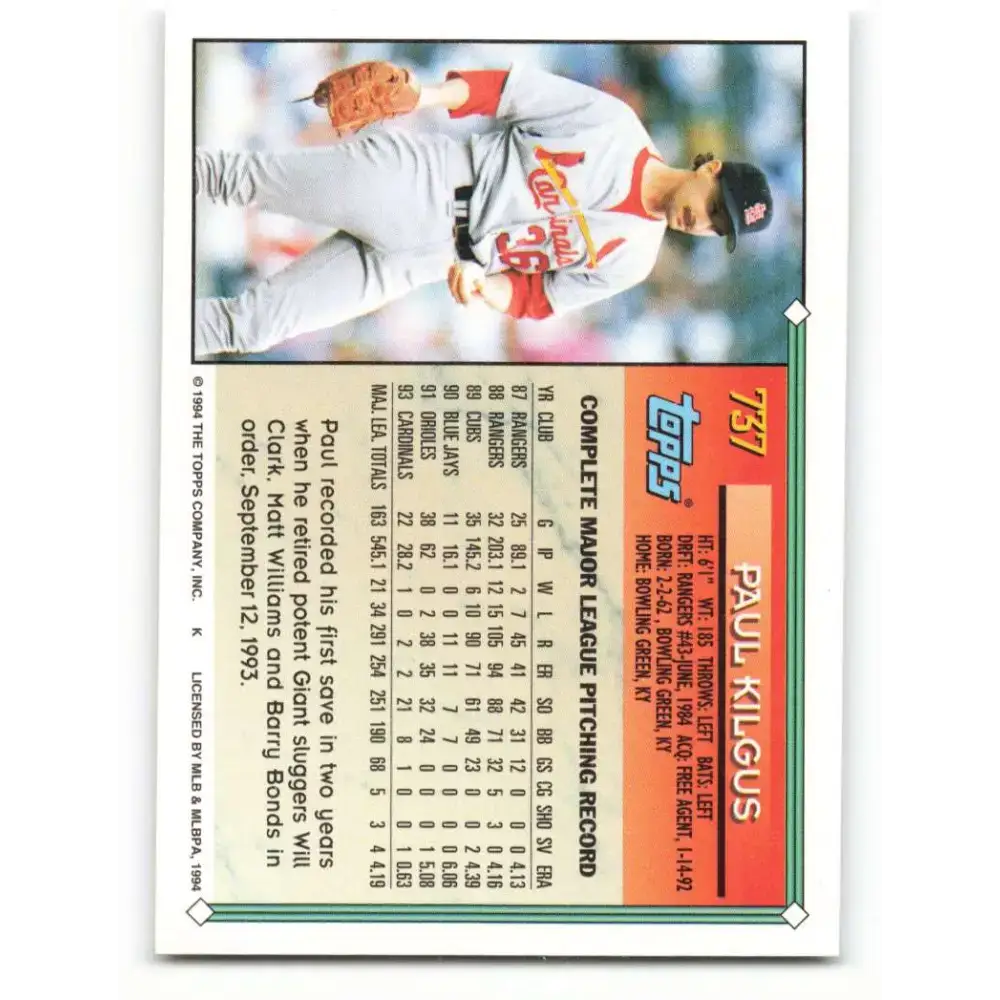 1994 Topps #737 Paul Kilgus EX Excellent St. Louis Cardinals Baseball Card - Baseball Card Single