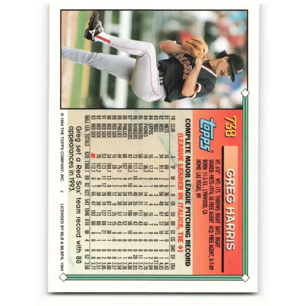 1994 Topps #738 Greg Harris EX Excellent Boston Red Sox Baseball Card - Baseball Card Single