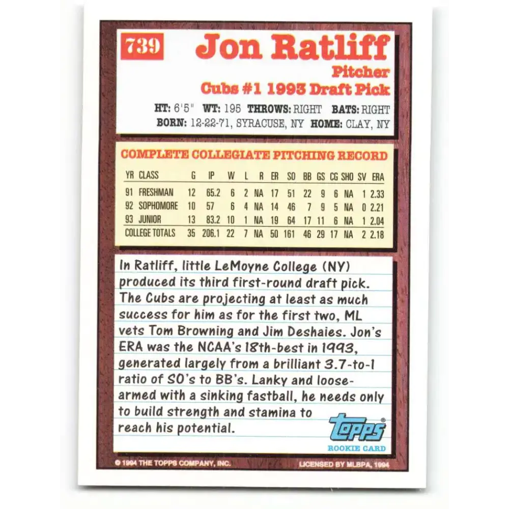 1994 Topps #739 Jon Ratliff EX Excellent RC Rookie Chicago Cubs Baseball Card - Baseball Card Single