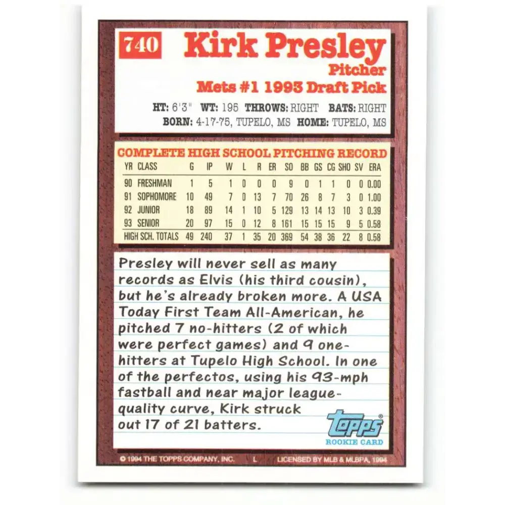 1994 Topps #740 Kirk Presley EX Excellent RC Rookie New York Mets Baseball Card - Baseball Card Single