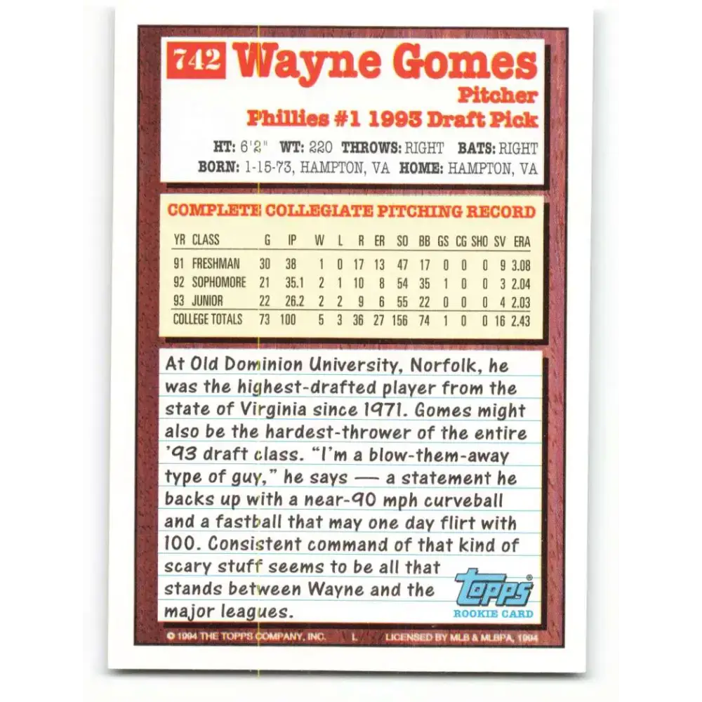 1994 Topps #742 Wayne Gomes EX Excellent RC Rookie Philadelphia Phillies Baseball Card