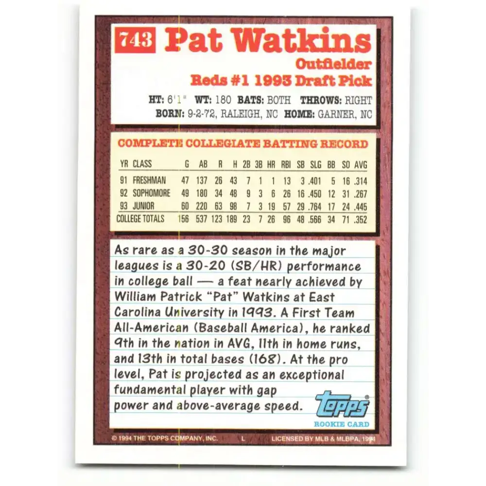 1994 Topps #743 Pat Watkins EX Excellent RC Rookie Cincinnati Reds Baseball Card - Baseball Card Single