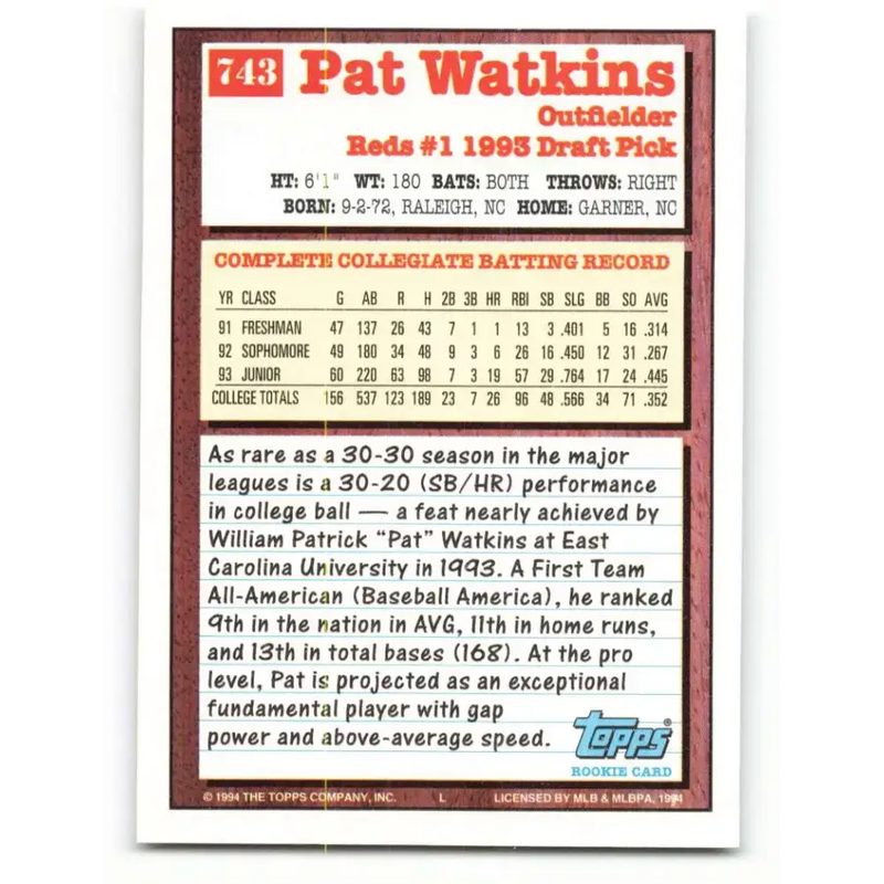 1994 Topps #743 Pat Watkins EX Excellent RC Rookie Cincinnati Reds Baseball Card - Baseball Card Single