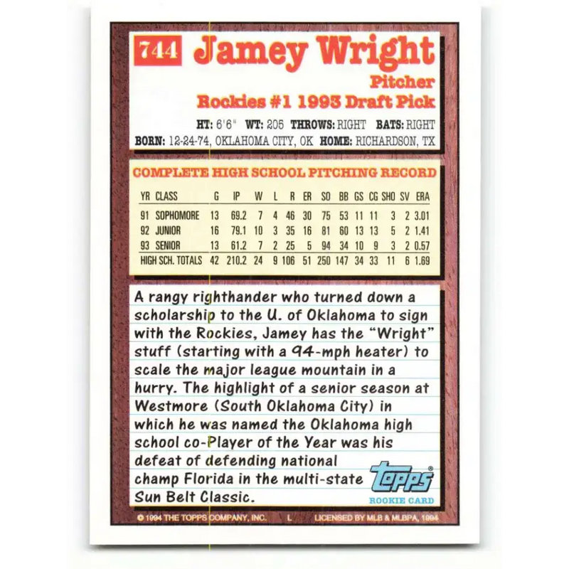 1994 Topps #744 Jamey Wright EX Excellent RC Rookie Colorado Rockies Baseball Card - Baseball Card Single