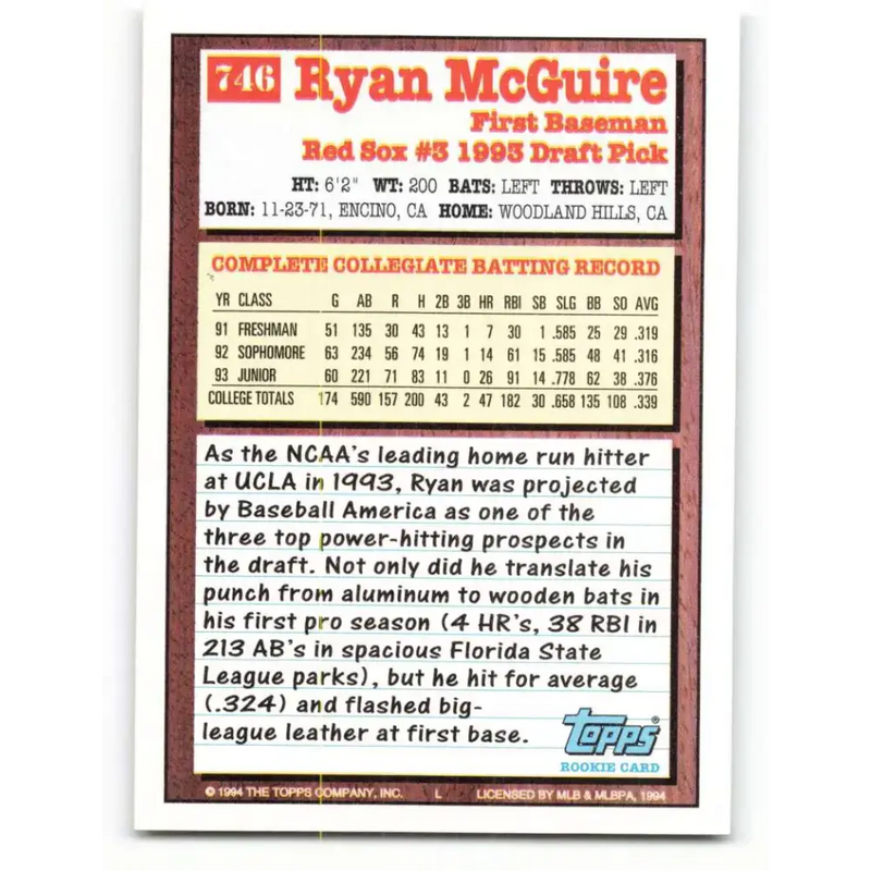 1994 Topps #746 Ryan McGuire EX Excellent RC Rookie Boston Red Sox Baseball Card - Baseball Card Single