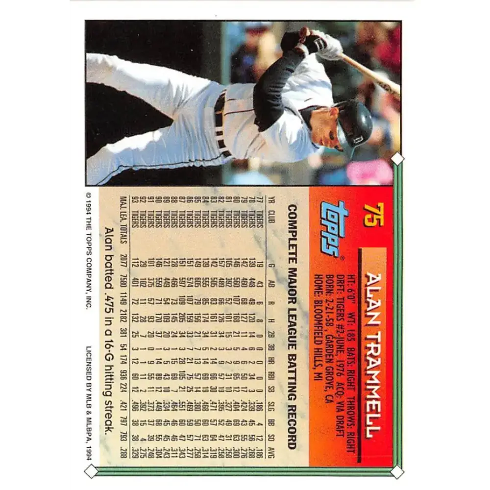 1994 Topps #75 Alan Trammell EX Excellent Detroit Tigers Baseball Card - Baseball Card Single