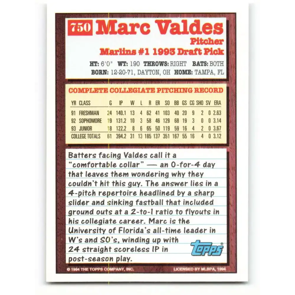 1994 Topps #750 Marc Valdes EX Excellent Florida Marlins Baseball Card - Baseball Card Single