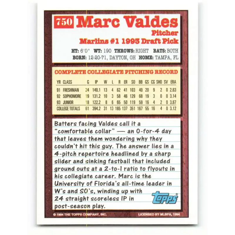 1994 Topps #750 Marc Valdes EX Excellent Florida Marlins Baseball Card - Baseball Card Single
