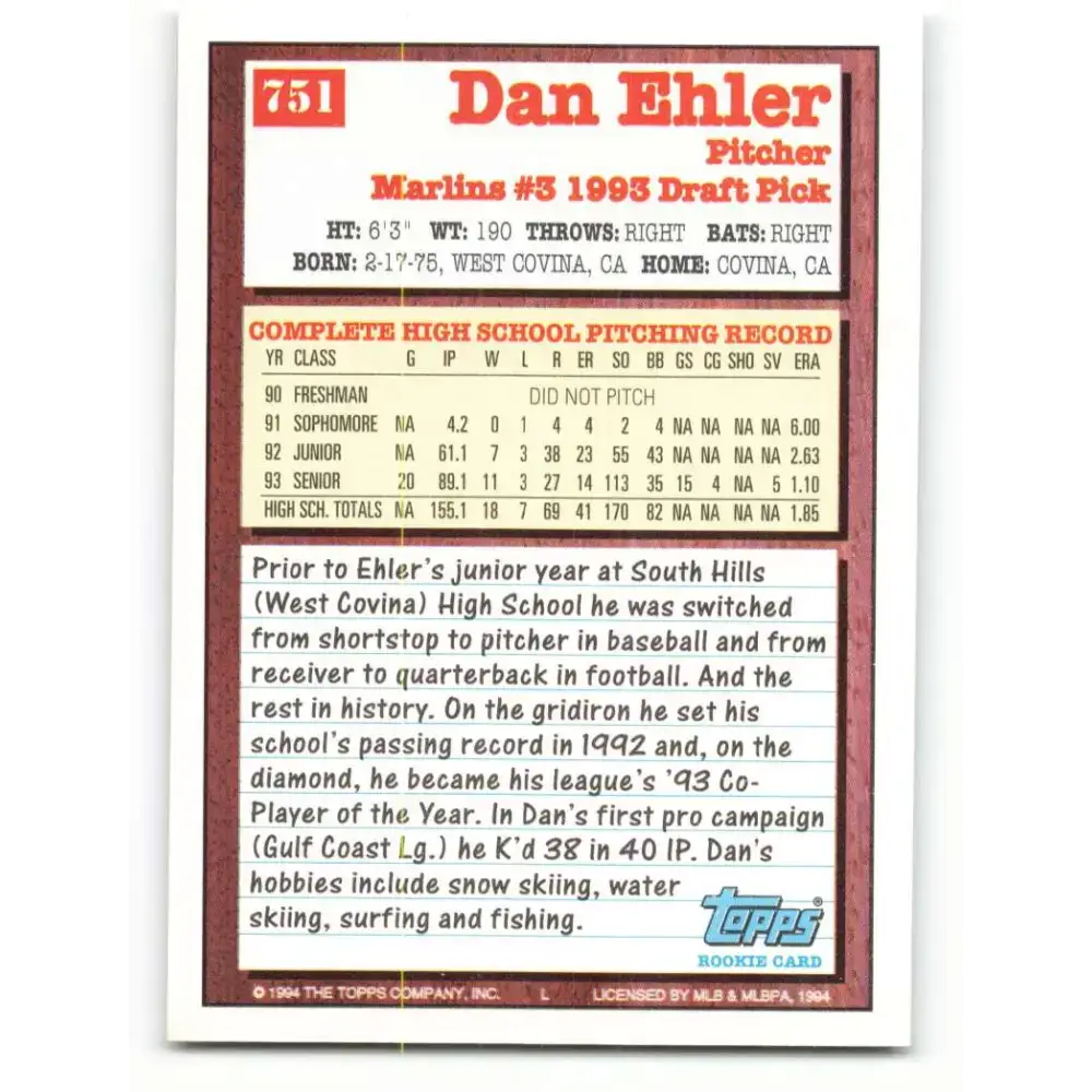 1994 Topps #751 Dan Ehler EX Excellent RC Rookie Florida Marlins Baseball Card - Baseball Card Single