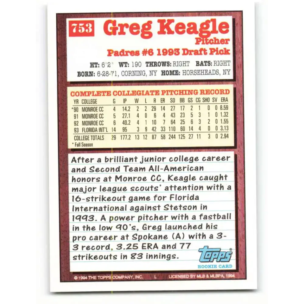 1994 Topps #753 Greg Keagle EX Excellent RC Rookie San Diego Padres Baseball Card - Baseball Card Single