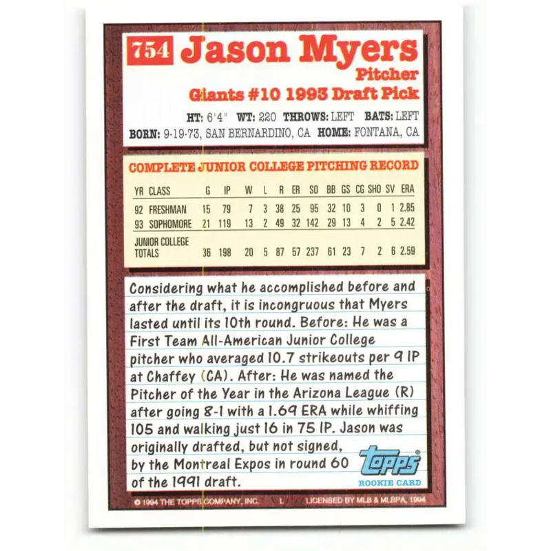 1994 Topps #754 Jason Myers EX Excellent RC Rookie San Francisco Giants Baseball Card - Baseball Card Single
