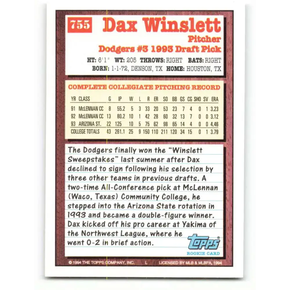1994 Topps #755 Dax Winslett EX Excellent RC Rookie Los Angeles Dodgers Baseball Card - Baseball Card Single