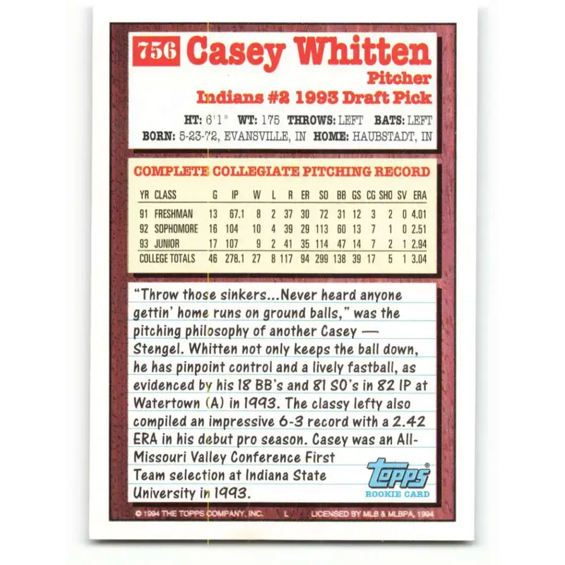 1994 Topps #756 Casey Whitten EX Excellent RC Rookie Cleveland Indians Baseball Card - Baseball Card Single