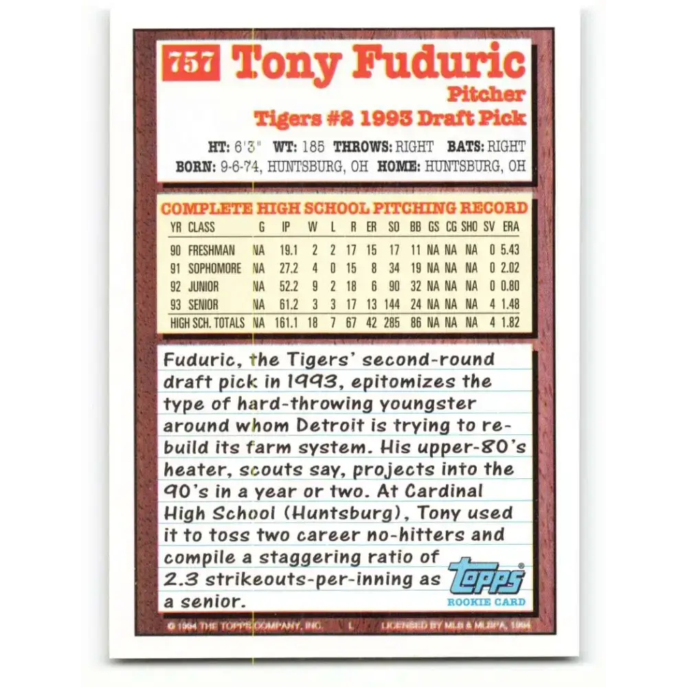 1994 Topps #757 Tony Fuduric EX Excellent RC Rookie Detroit Tigers Baseball Card - Baseball Card Single
