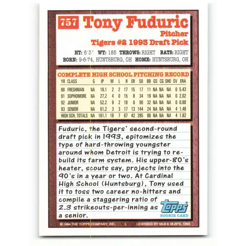 1994 Topps #757 Tony Fuduric EX Excellent RC Rookie Detroit Tigers Baseball Card - Baseball Card Single