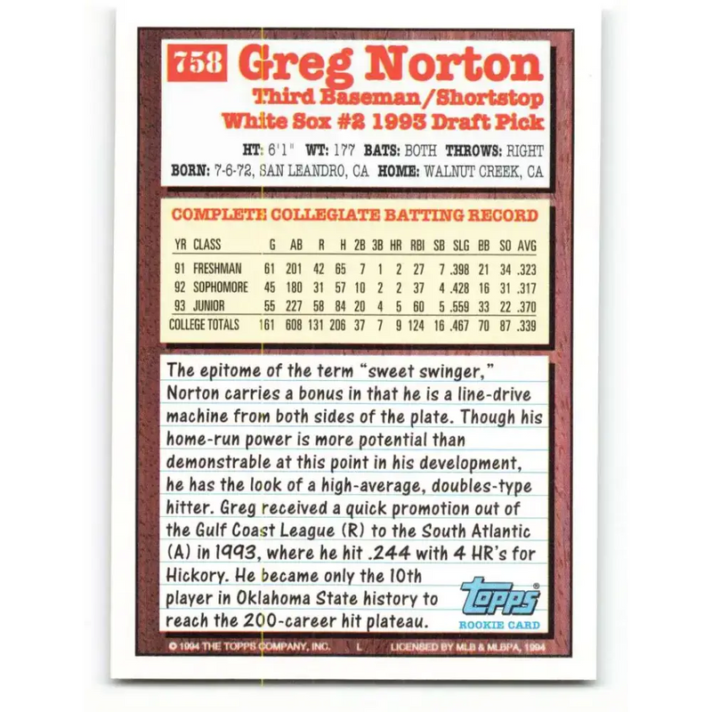 1994 Topps #758 Greg Norton EX Excellent RC Rookie Chicago White Sox Baseball Card - Baseball Card Single