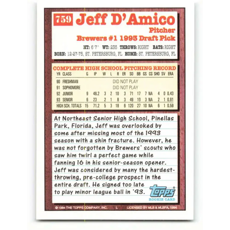 1994 Topps #759 Jeff D’Amico EX Excellent RC Rookie Milwaukee Brewers Baseball Card