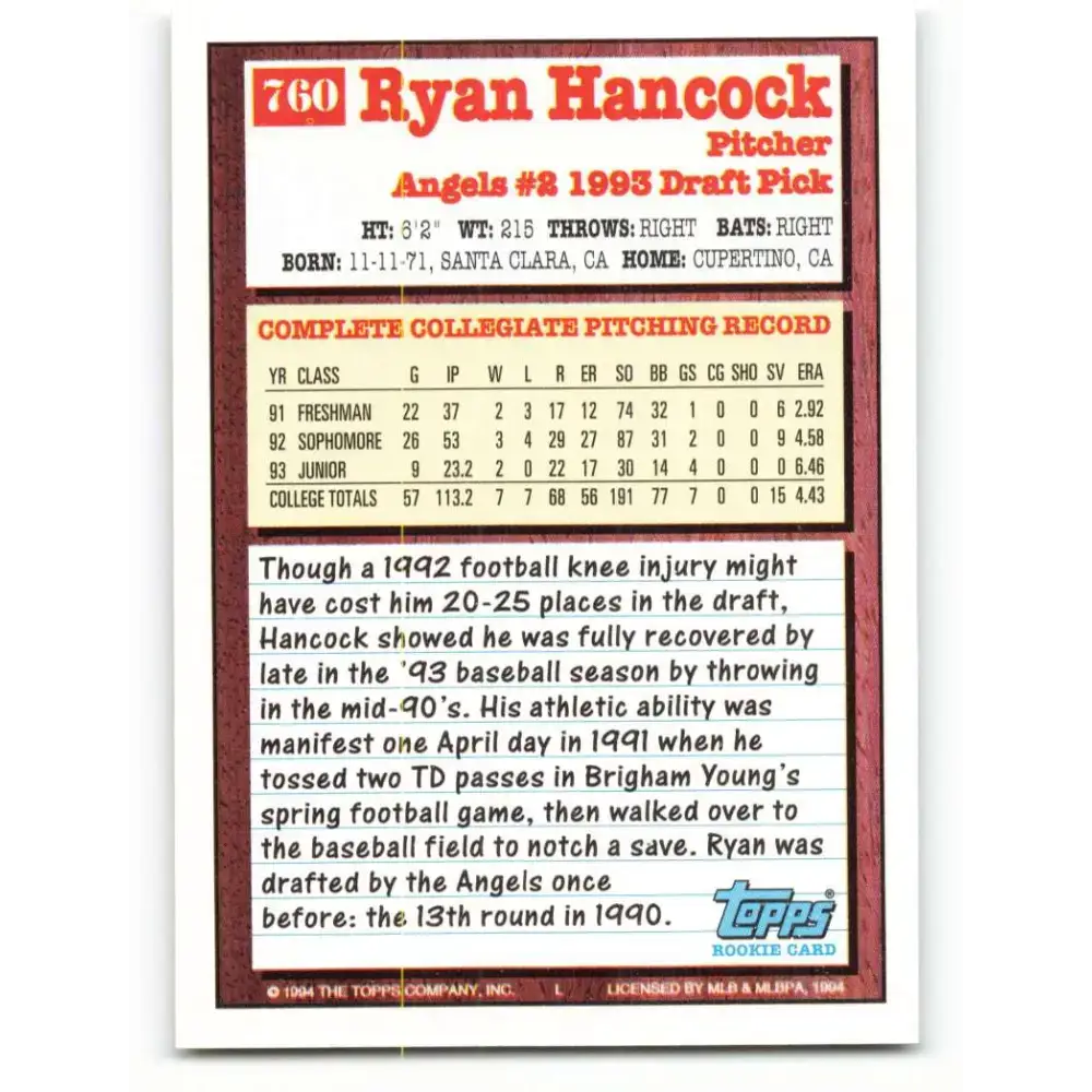 1994 Topps #760 Ryan Hancock EX Excellent RC Rookie California Angels Baseball Card - Baseball Card Single
